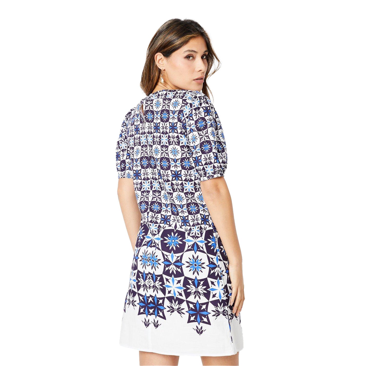 Blue - Back - Principles Womens-Ladies Tile Print Puff Sleeve Shift Dress