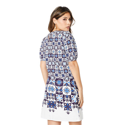 Blue - Back - Principles Womens-Ladies Tile Print Puff Sleeve Shift Dress