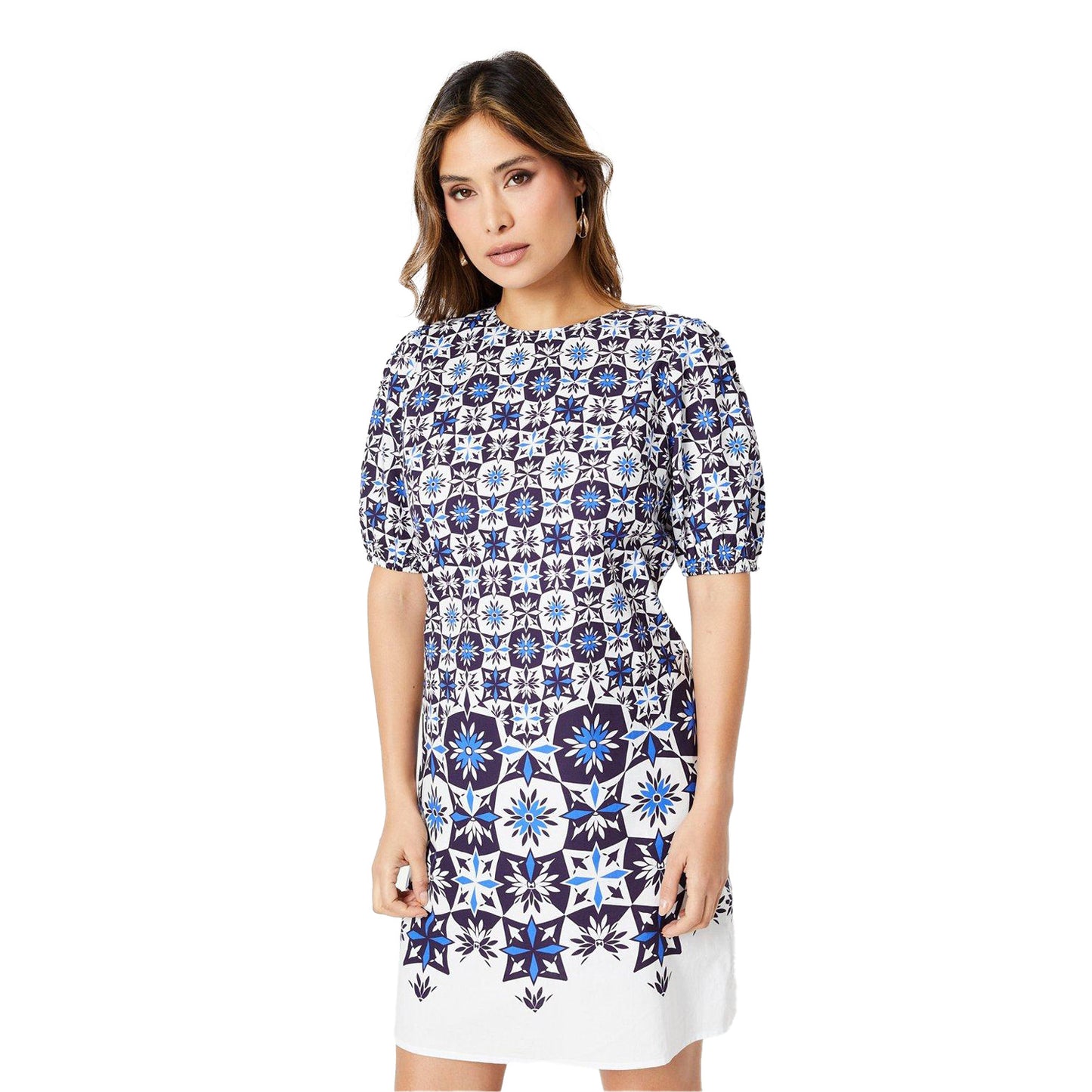 Blue - Front - Principles Womens-Ladies Tile Print Puff Sleeve Shift Dress