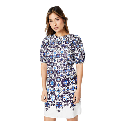Blue - Front - Principles Womens-Ladies Tile Print Puff Sleeve Shift Dress