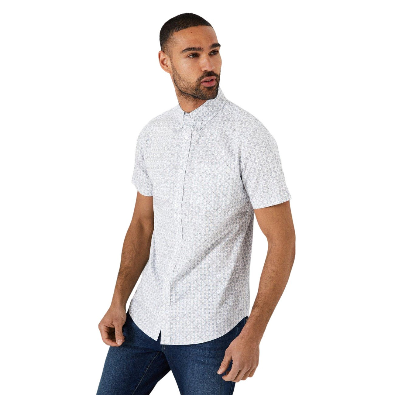 White - Side - Maine Mens Box Geo Tile Print Short-Sleeved Shirt