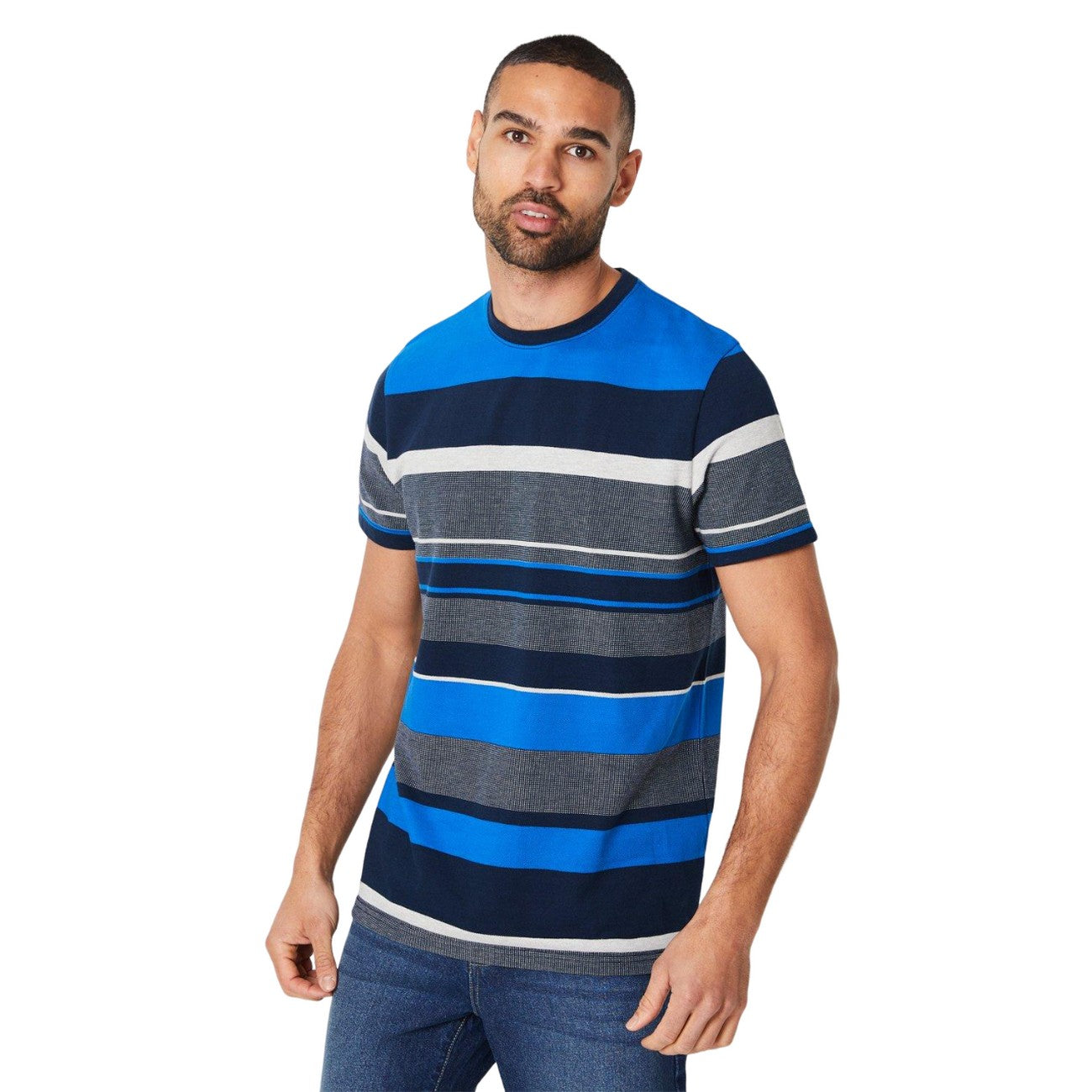 Navy - Side - Maine Mens Multi Stripe Pique T-Shirt