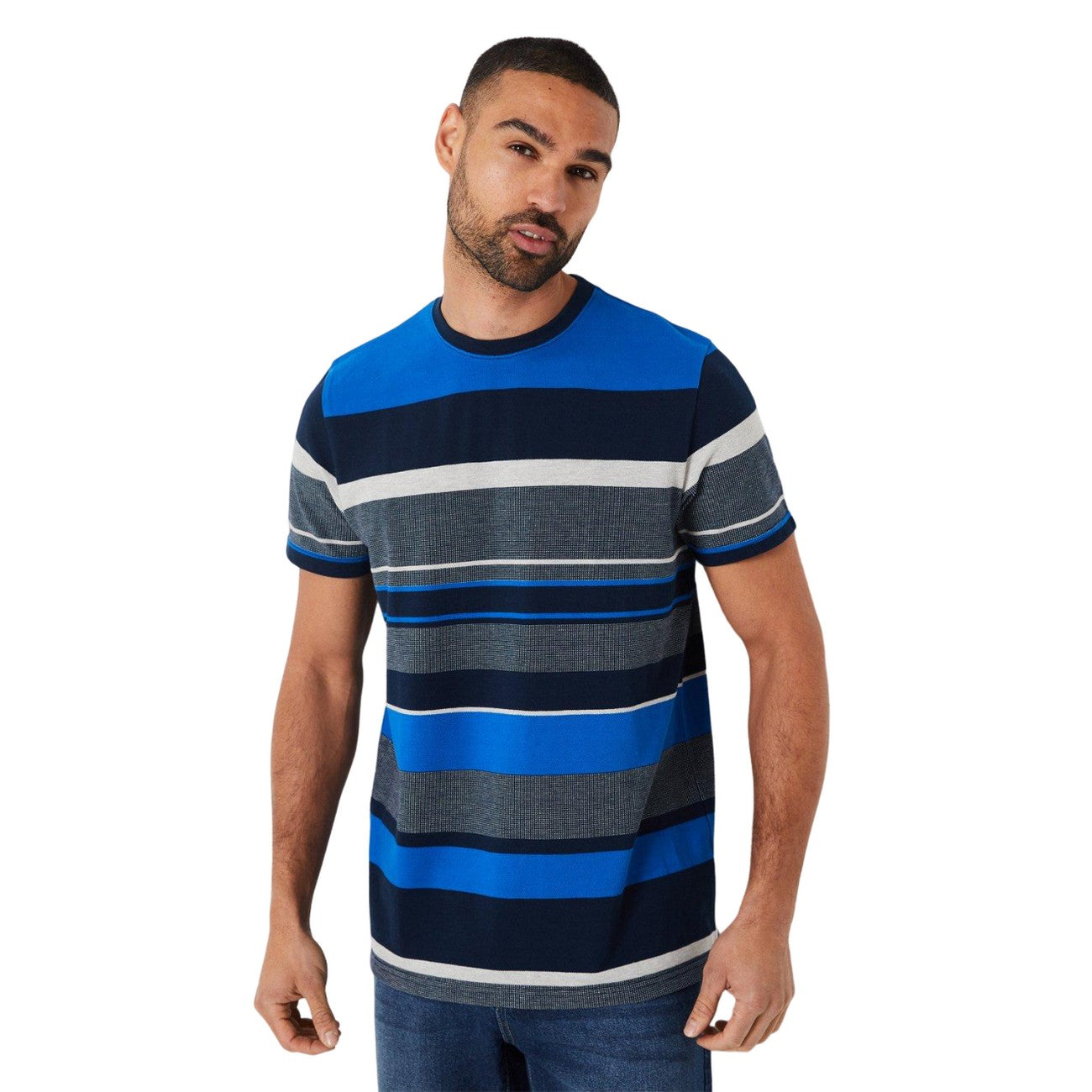 Navy - Front - Maine Mens Multi Stripe Pique T-Shirt