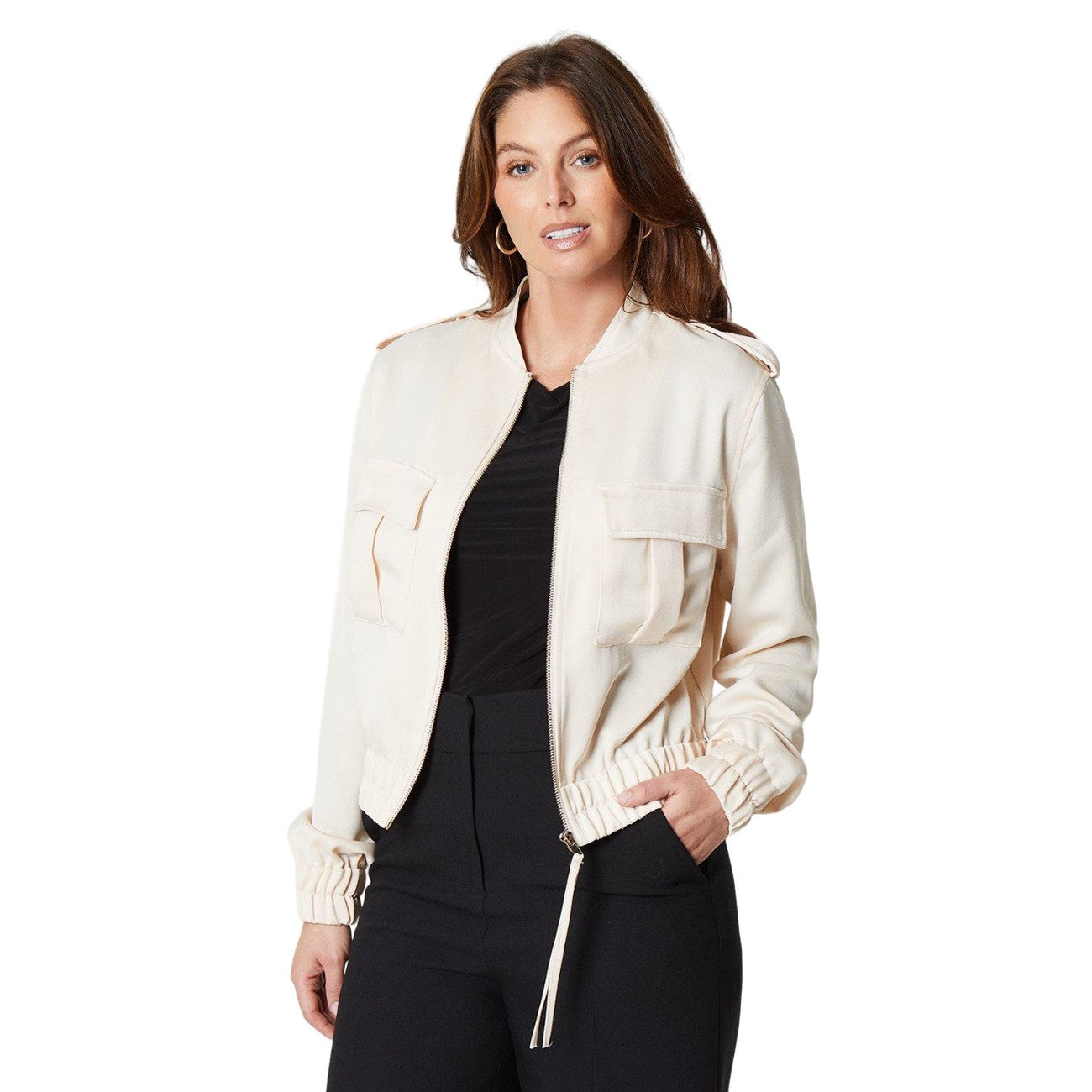 Cream - Front - Principles Womens-Ladies Satin Pocket Bomber Jacket