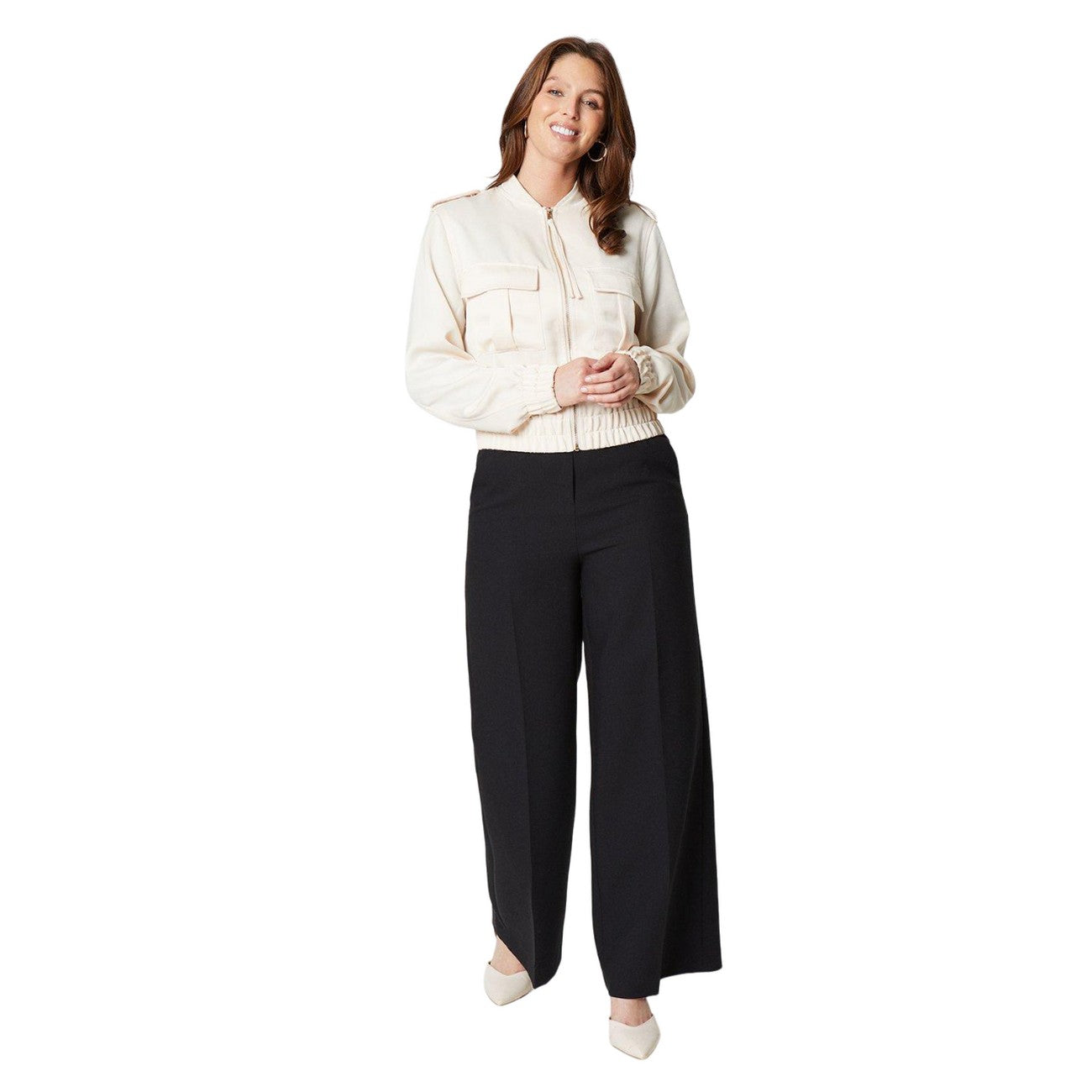 Cream - Side - Principles Womens-Ladies Satin Pocket Bomber Jacket