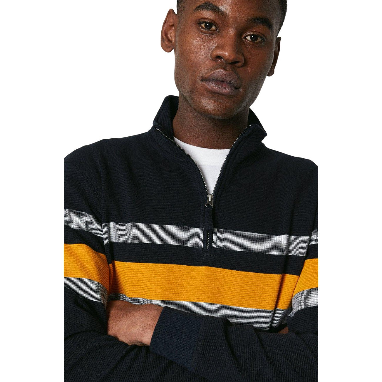 Navy - Side - Maine Mens Placement Stripe Zip Neck Sweatshirt