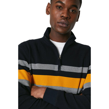 Navy - Side - Maine Mens Placement Stripe Zip Neck Sweatshirt