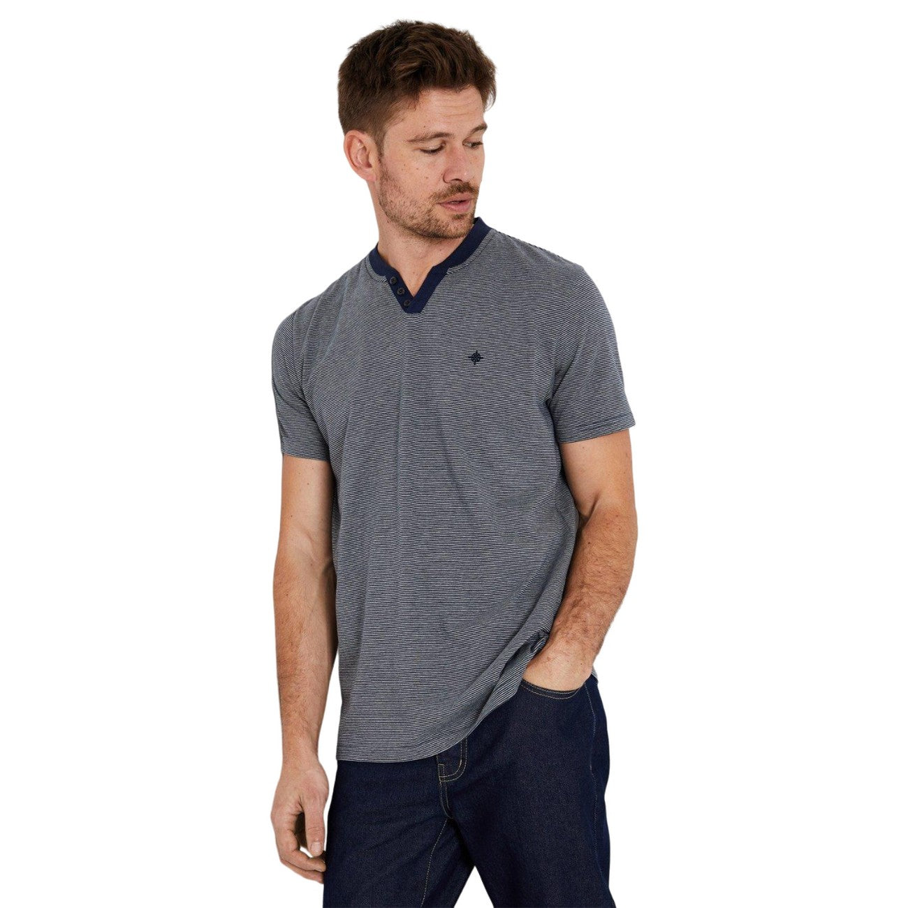 Dark Blue - Side - Maine Mens Feeder Stripe Notch Neck T-Shirt