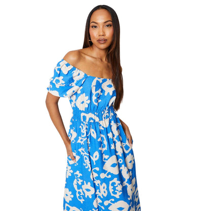Blue-White - Side - Principles Womens-Ladies Shirred Shirred Waist Midi Dress