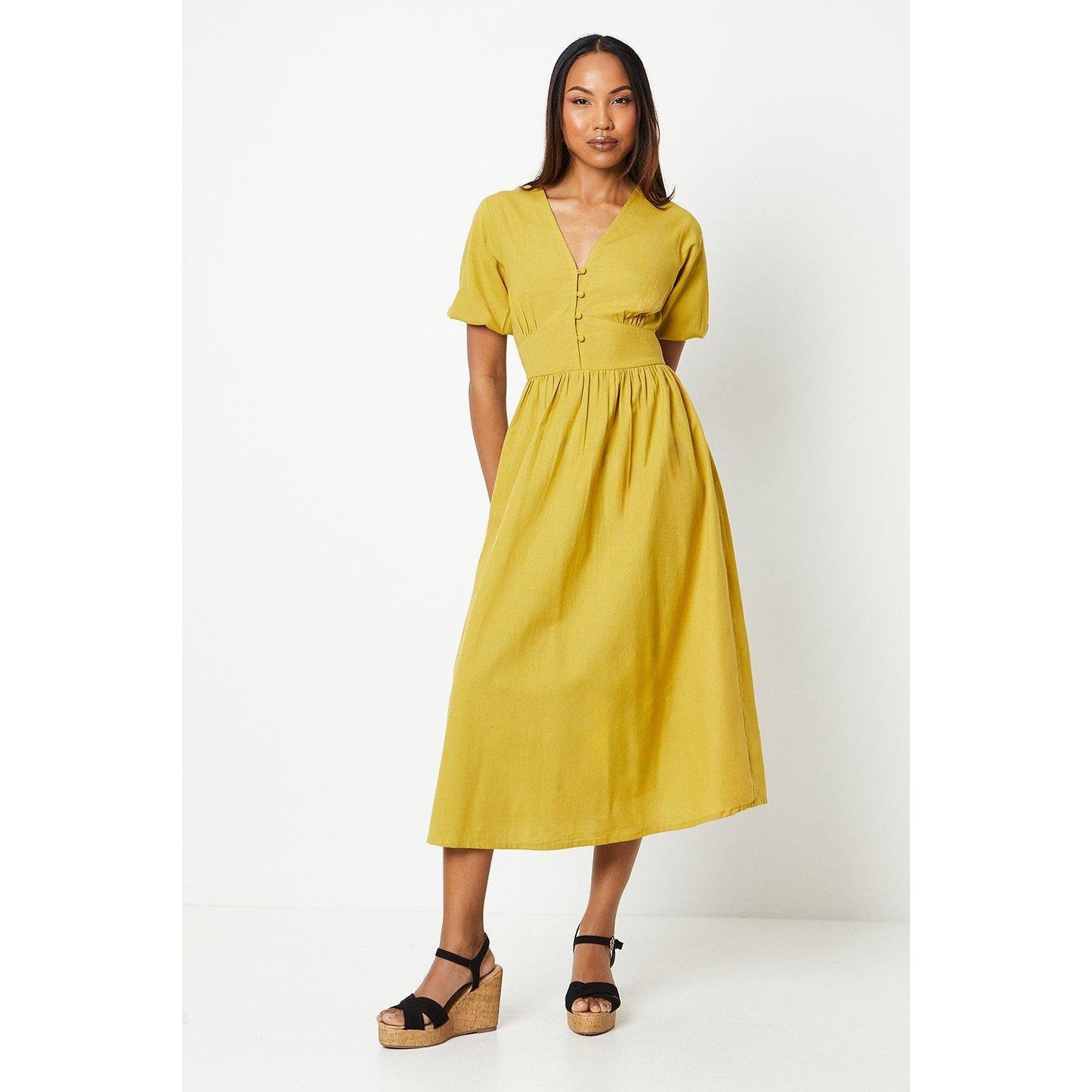 Olive - Front - Principles Womens-Ladies Linen Blend Midi Dress