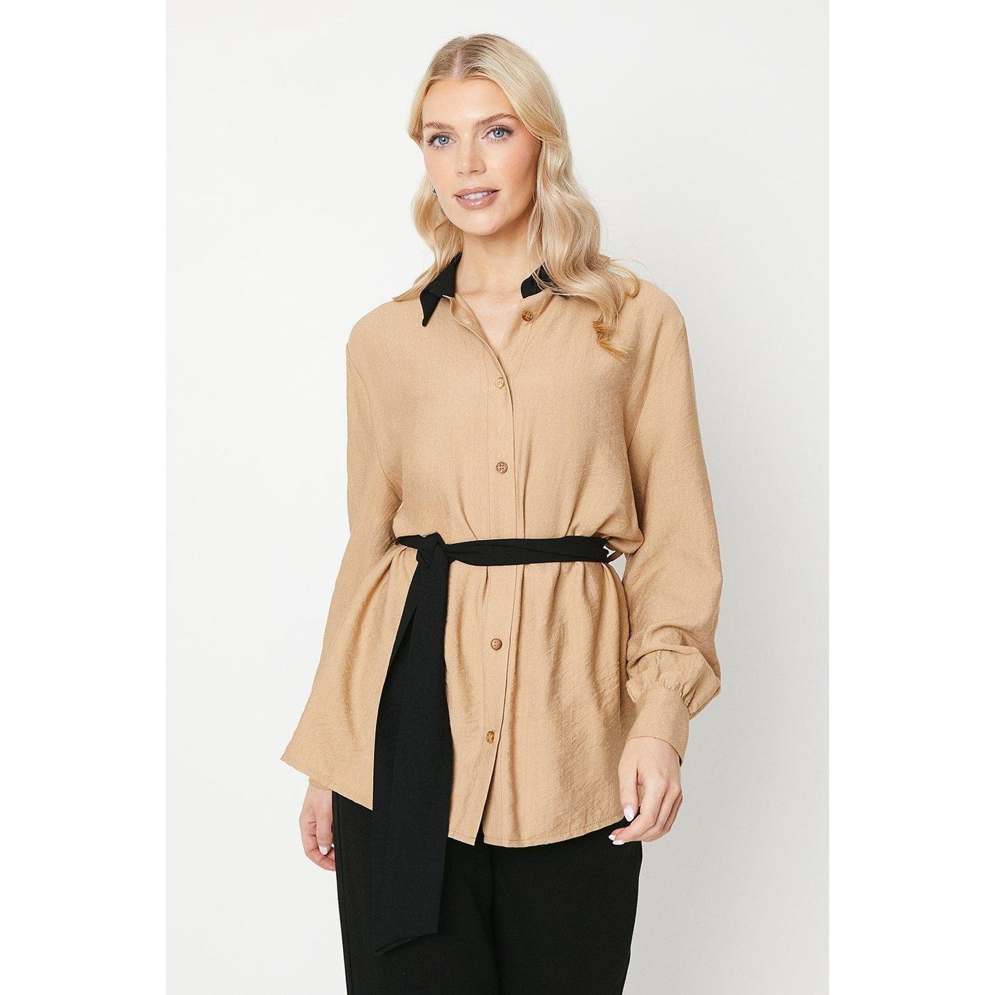 Tan - Front - Principles Womens-Ladies Belted Contrast Collar Shirt
