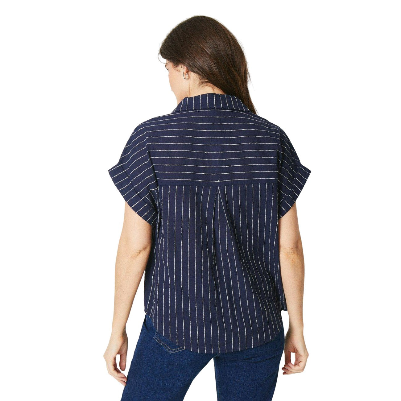 Navy - Back - Principles Womens-Ladies Stripe Patch Pocket Turn Up Shirt