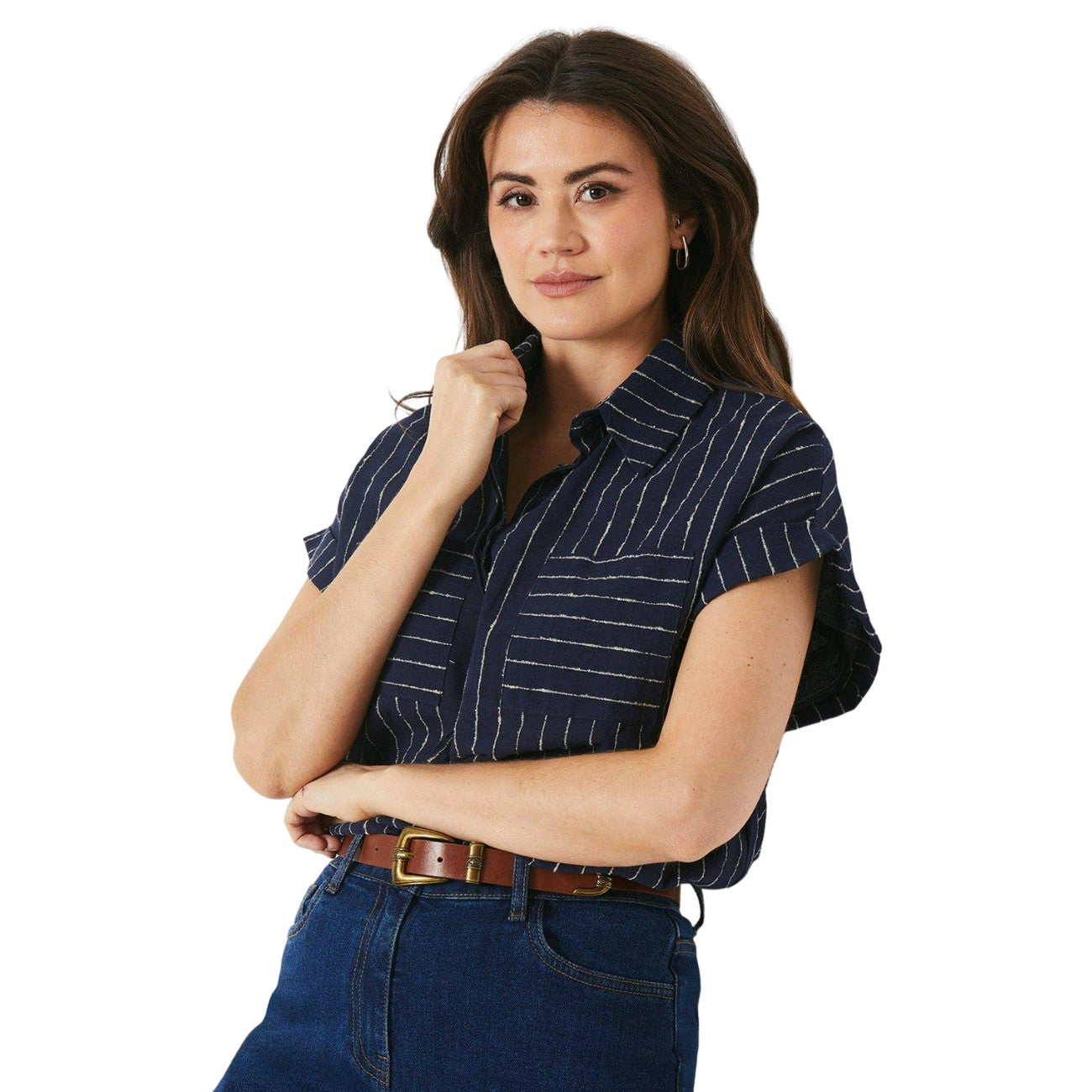 Navy - Side - Principles Womens-Ladies Stripe Patch Pocket Turn Up Shirt