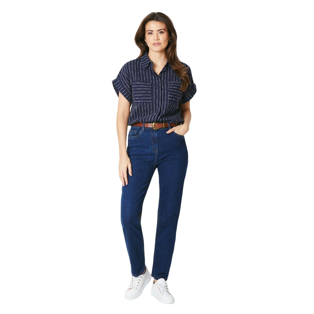Navy - Lifestyle - Principles Womens-Ladies Stripe Patch Pocket Turn Up Shirt