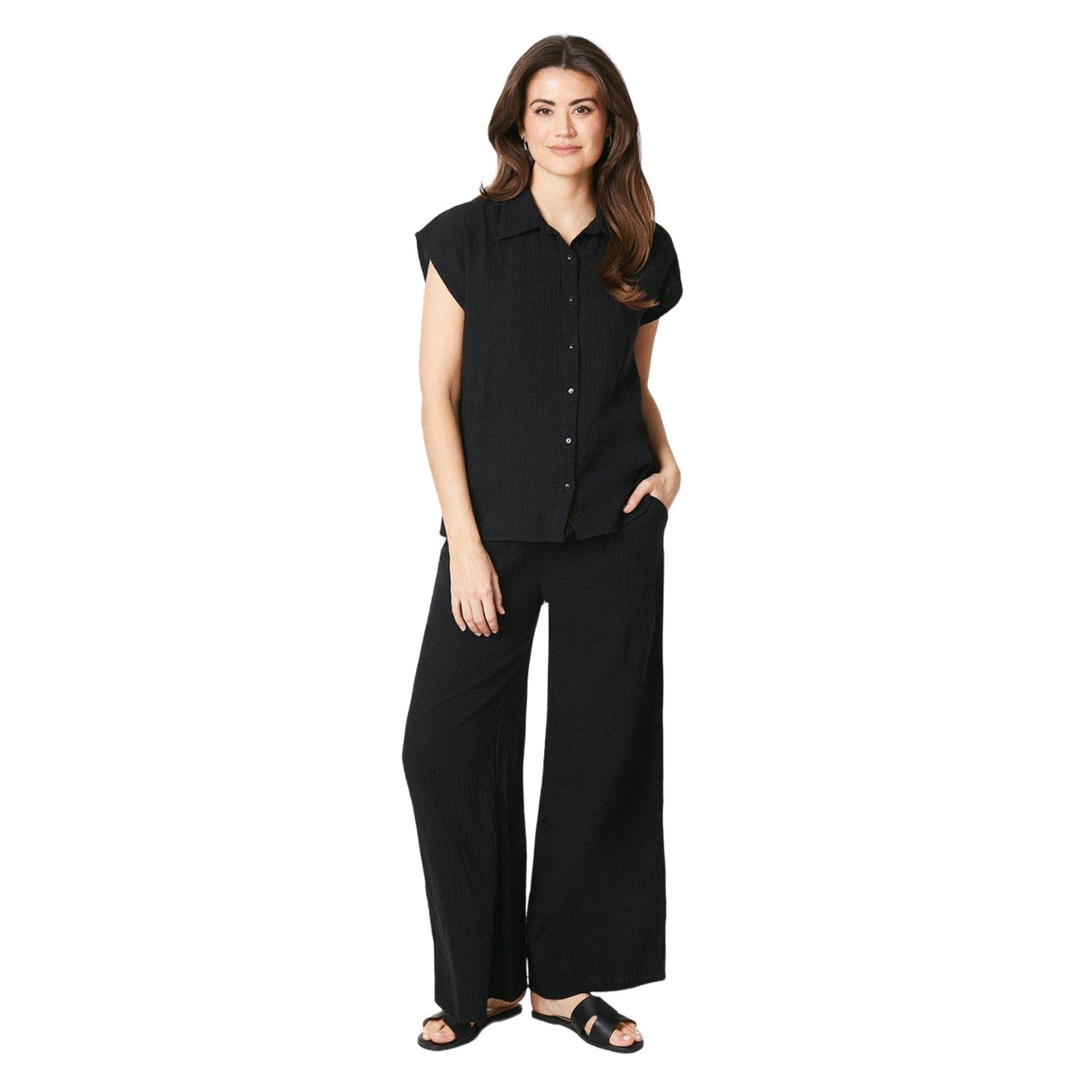 Black - Side - Principles Womens-Ladies Double Gauze Wide Leg Trousers