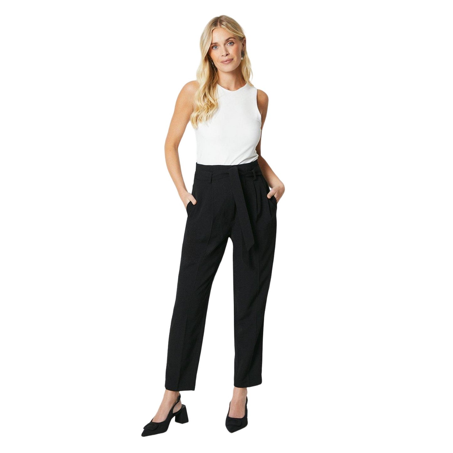 Black - Side - Principles Womens-Ladies Paperbag Petite High Waist Trousers