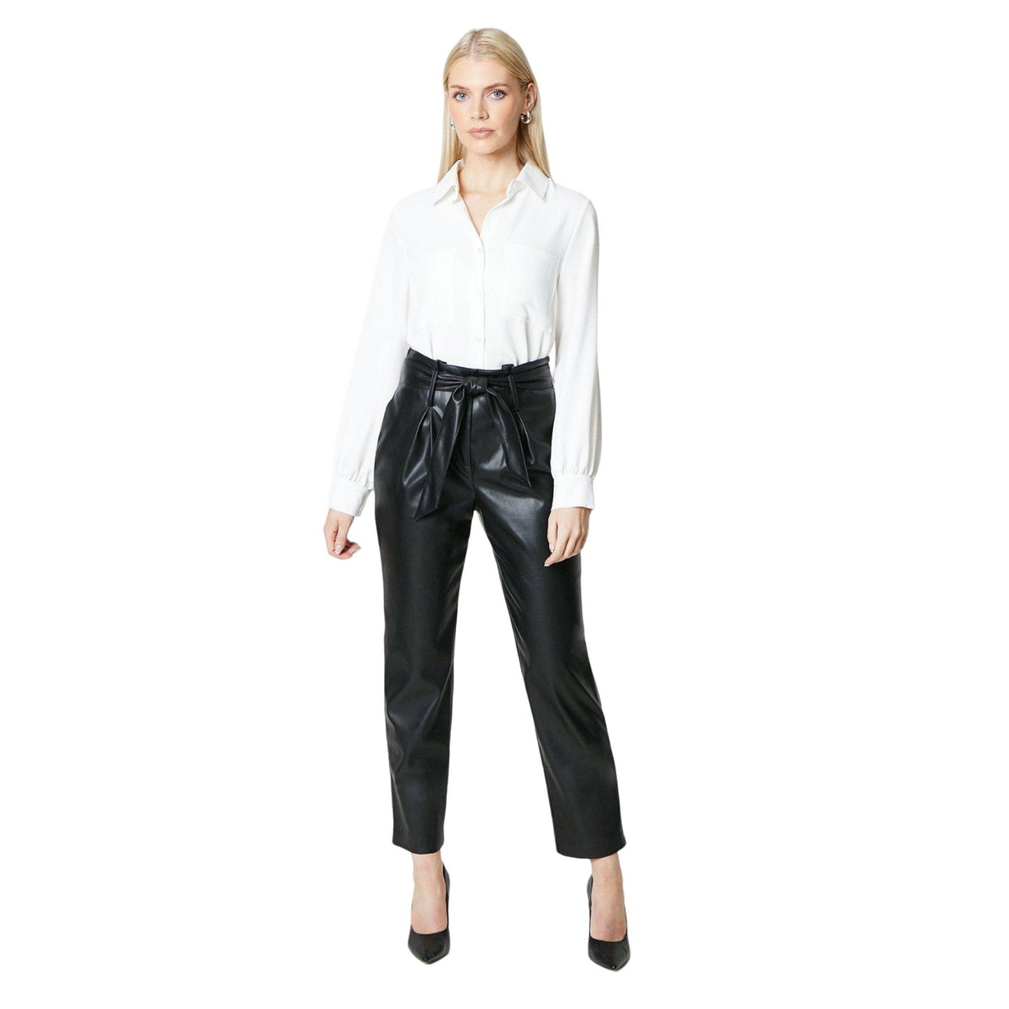 Black - Side - Principles Womens-Ladies Faux Leather Paperbag High Waist Trousers