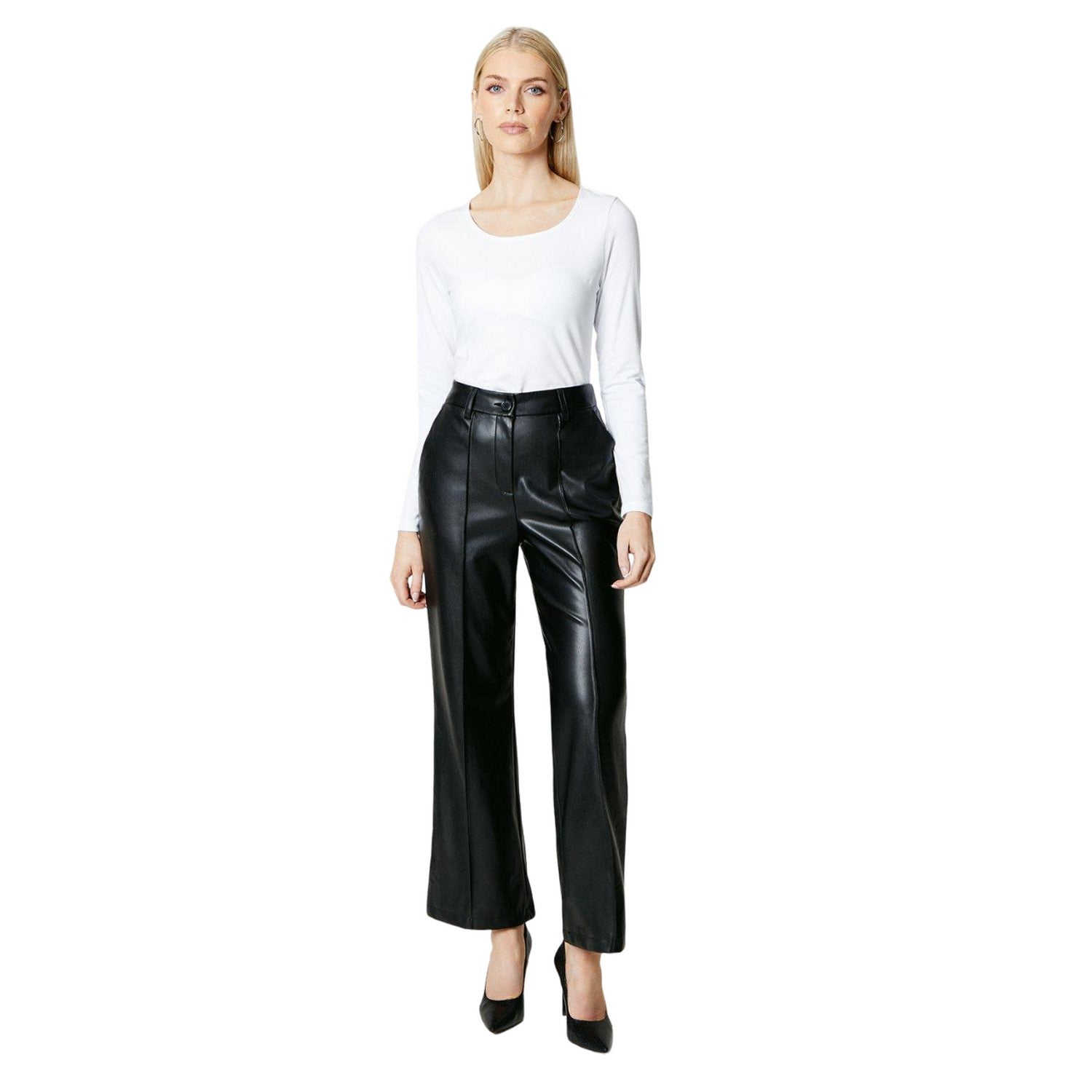Black - Side - Principles Womens-Ladies Faux Leather Straight Leg High Waist Trousers