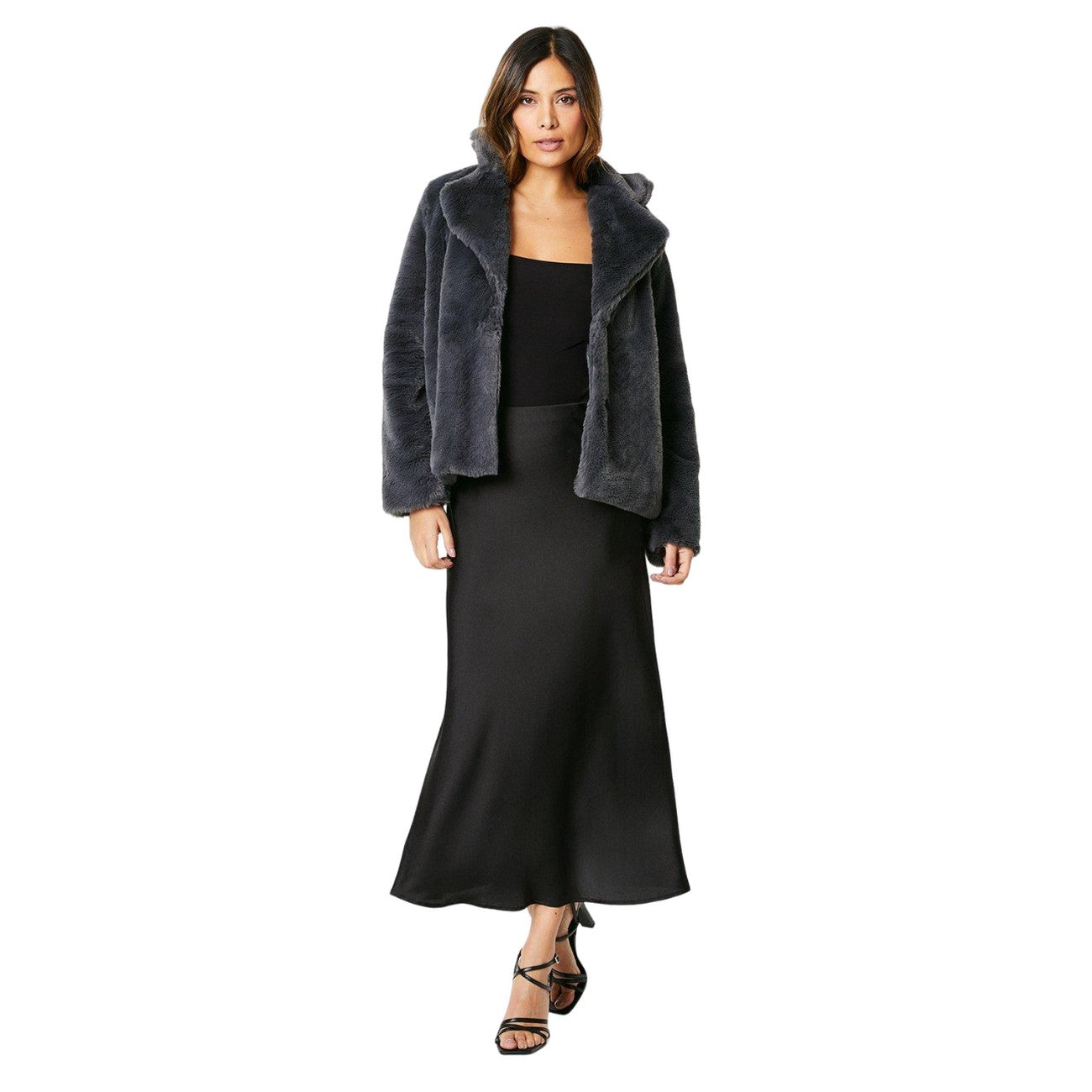 Navy - Side - Maine Womens-Ladies Faux Fur Single-Breasted Coat