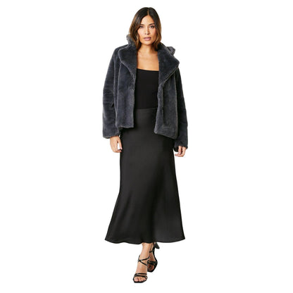 Navy - Side - Maine Womens-Ladies Faux Fur Single-Breasted Coat