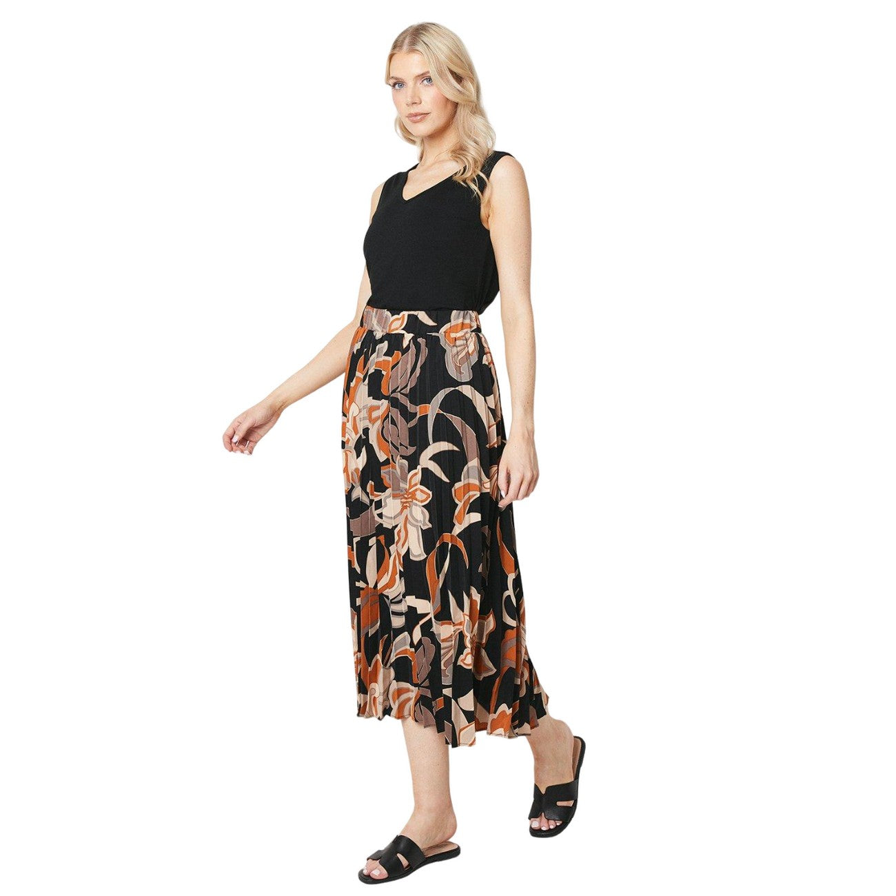 Black - Side - Principles Womens-Ladies Abstract Pleated Midi Skirt
