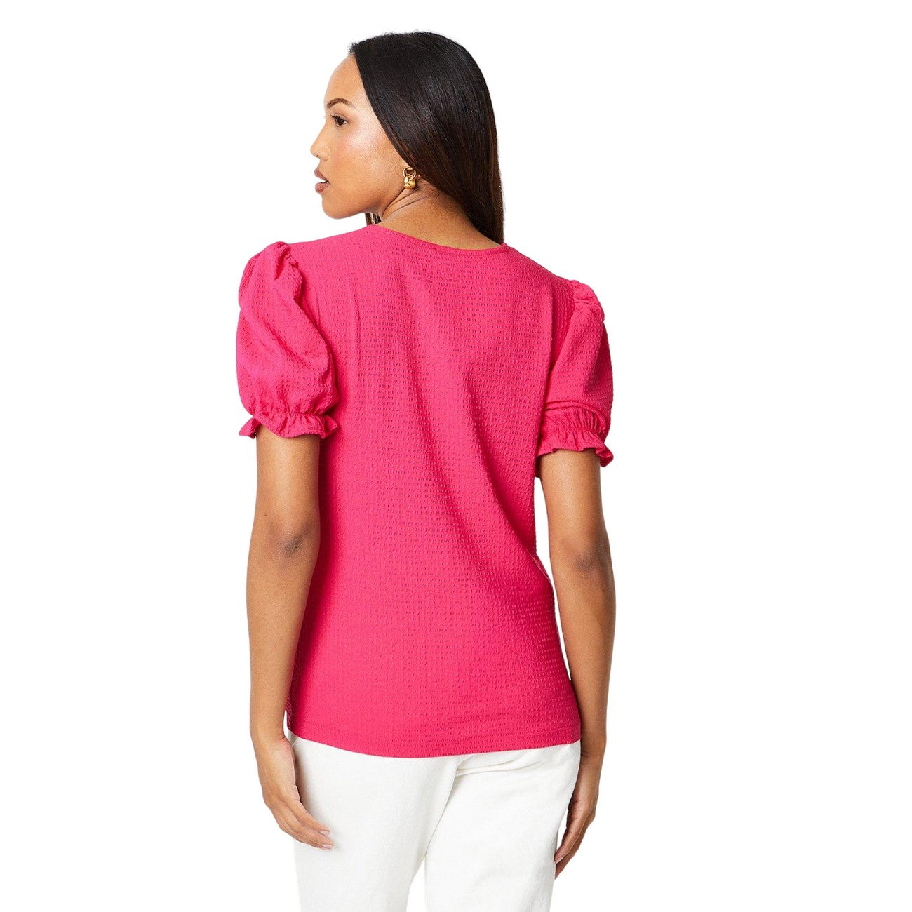Pink - Back - Principles Womens-Ladies Textured Frill Cuff T-Shirt