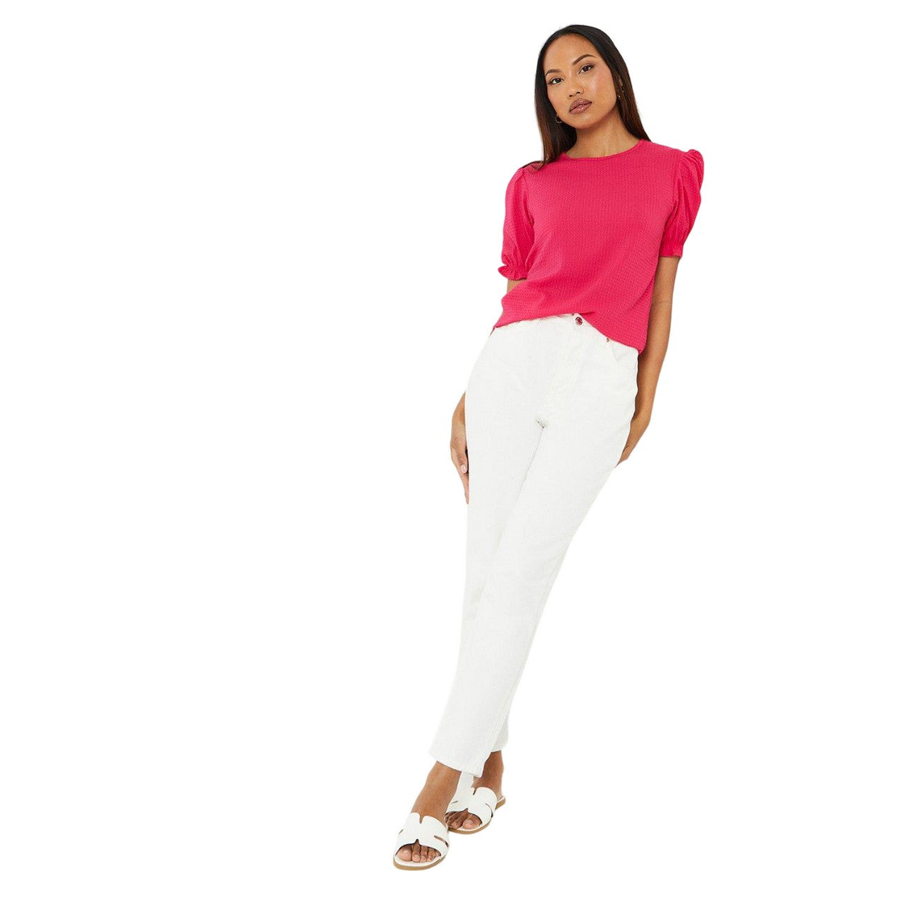 Pink - Side - Principles Womens-Ladies Textured Frill Cuff T-Shirt