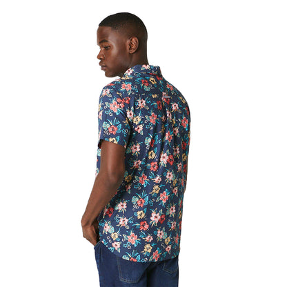 Blue - Back - Maine Mens Hibiscus Short-Sleeved Shirt