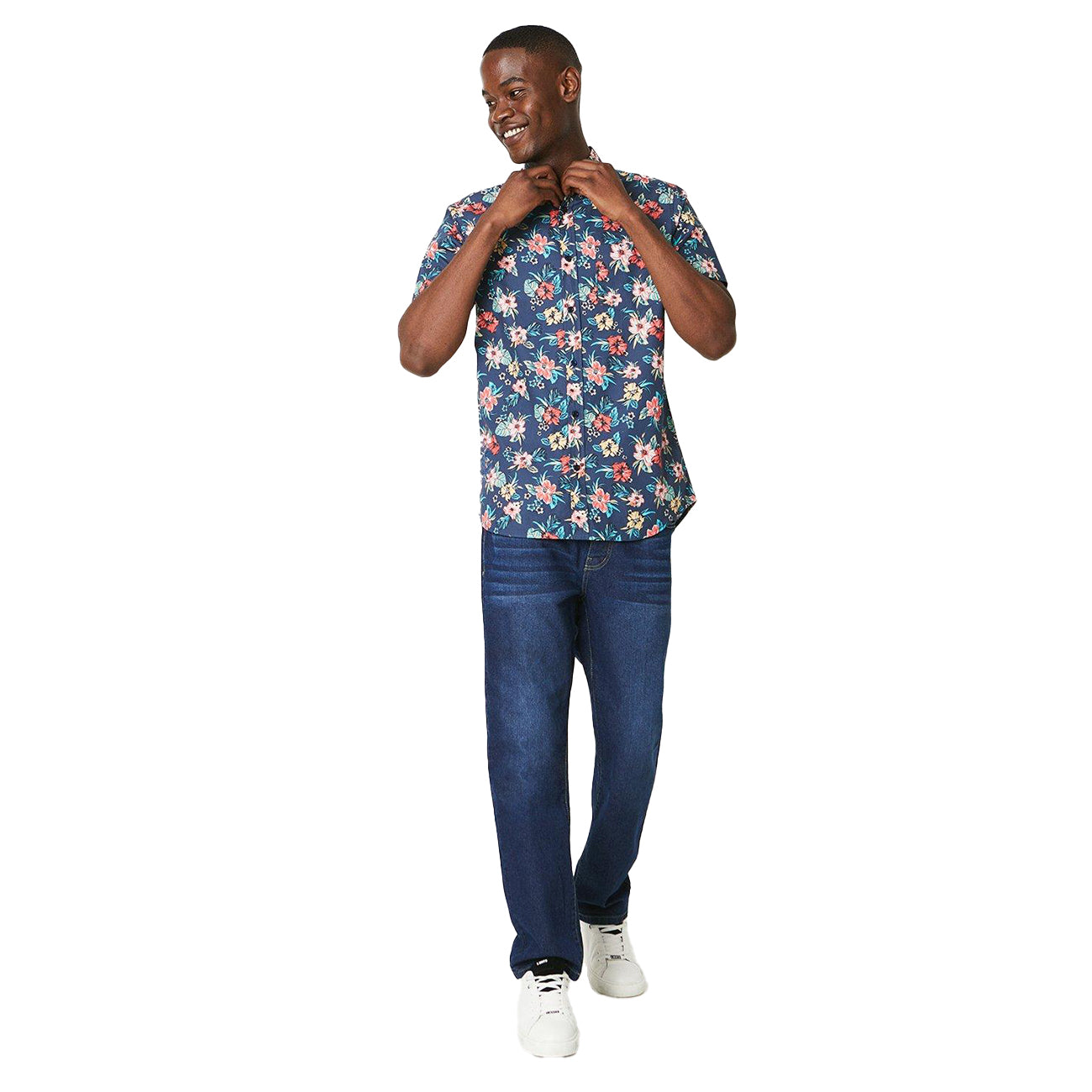 Blue - Side - Maine Mens Hibiscus Short-Sleeved Shirt