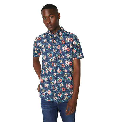 Blue - Front - Maine Mens Hibiscus Short-Sleeved Shirt