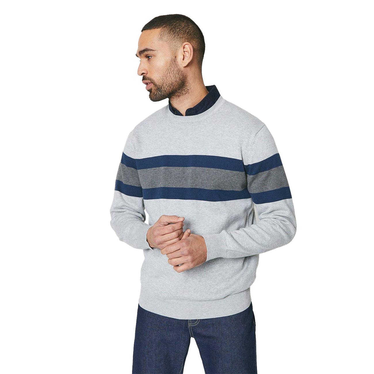 Light Grey - Front - Maine Mens Chest Stripe Crew Neck Jumper