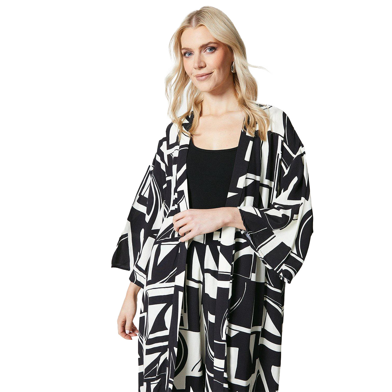 Black-White - Side - Principles Womens-Ladies Geometric Longline Kimono