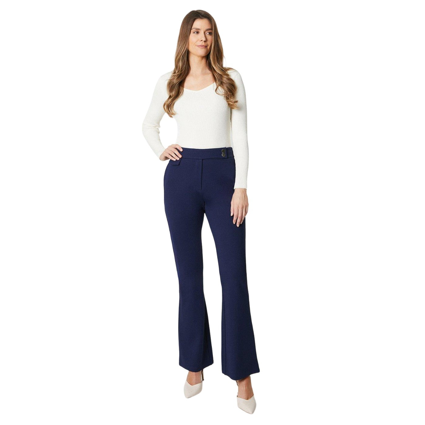 Navy - Lifestyle - Principles Womens-Ladies Ponte Waist Metal Trim Bootcut Trousers