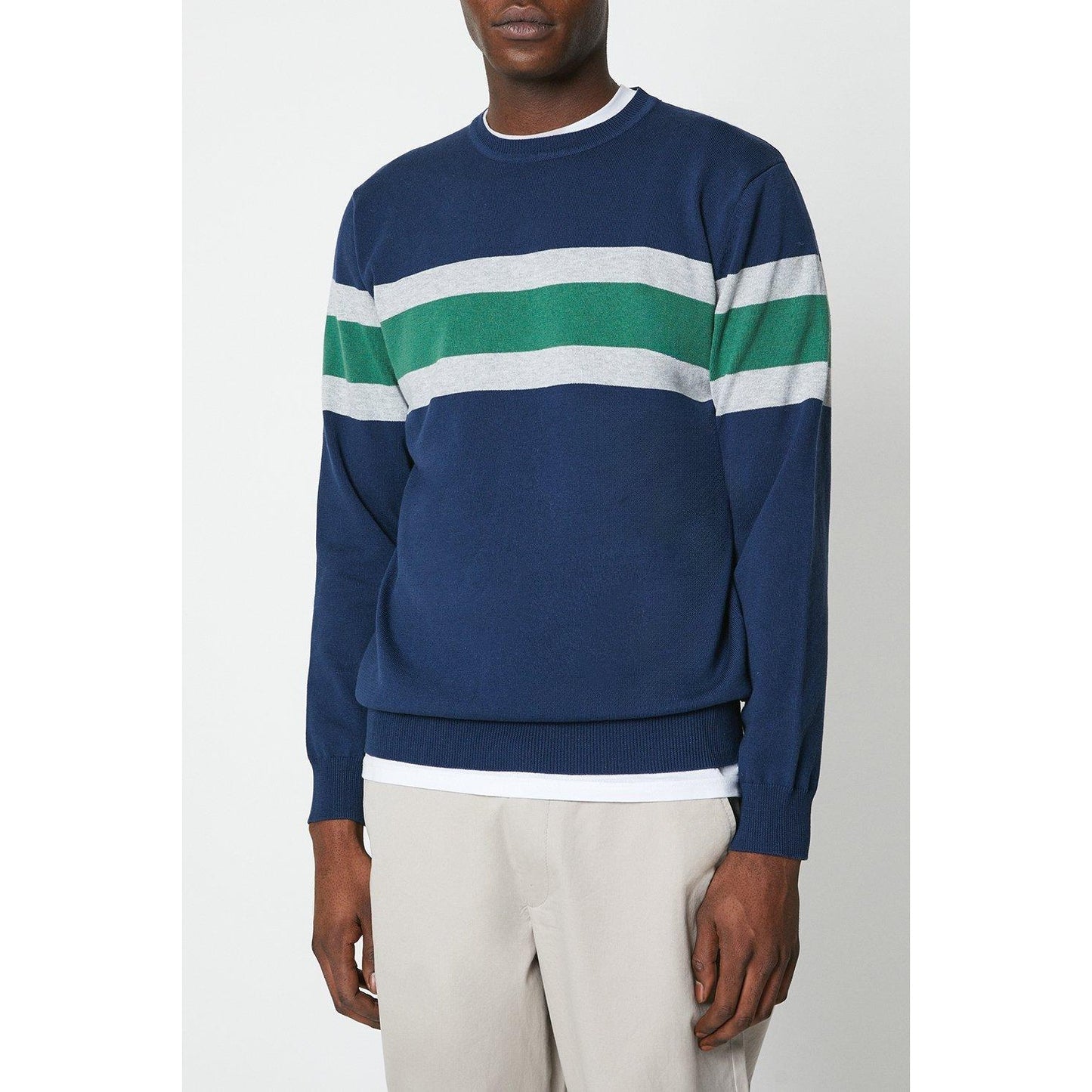 Denim - Front - Maine Mens Placement Stripe Knitted Crew Neck Jumper