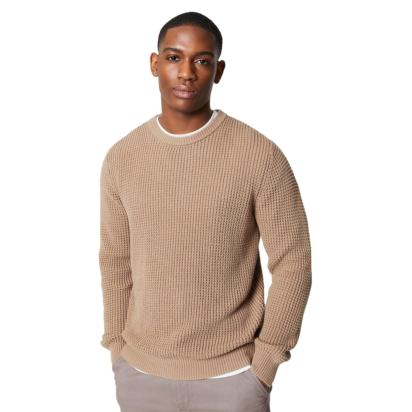 Stone - Front - Maine Mens Moss Stitch Crew Neck Jumper