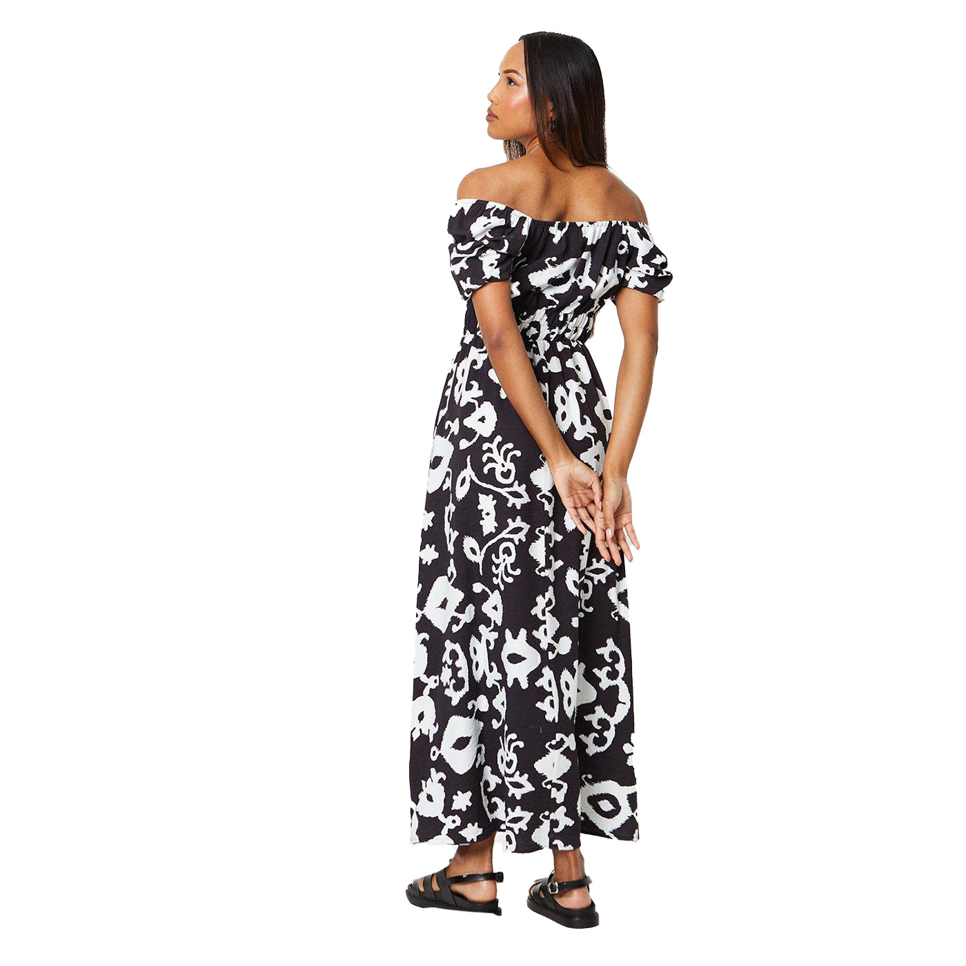 White-Black - Back - Principles Womens-Ladies Monochrome Shirred Waist Midi Dress