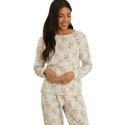 Grey - Side - Debenhams Womens-Ladies Reindeer Fleece All-Over Print Long Pyjama Set