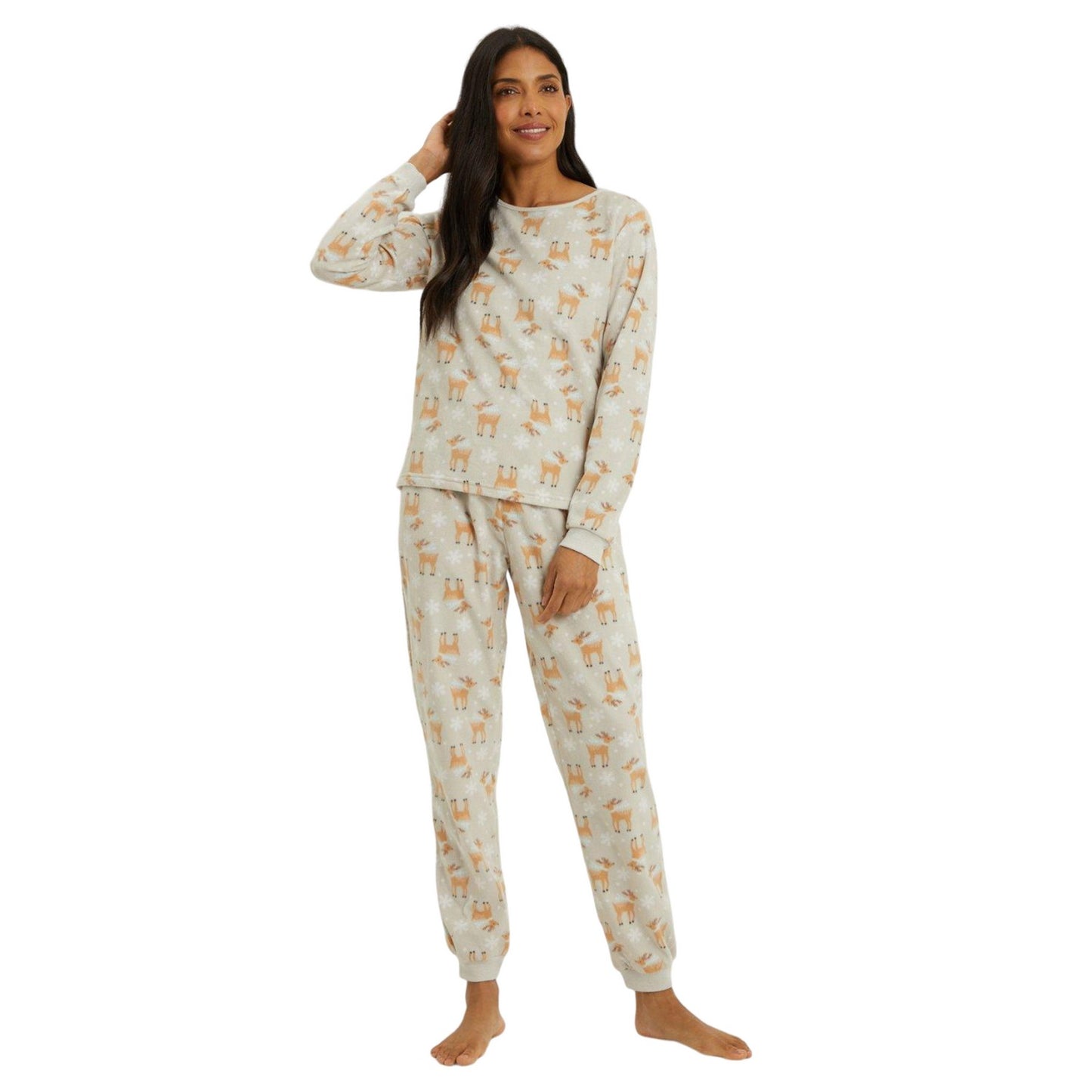 Grey - Front - Debenhams Womens-Ladies Reindeer Fleece All-Over Print Long Pyjama Set