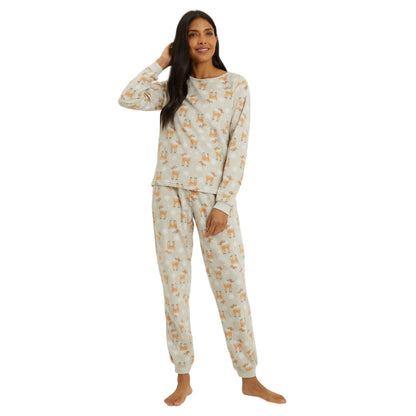 Grey - Front - Debenhams Womens-Ladies Reindeer Fleece All-Over Print Long Pyjama Set