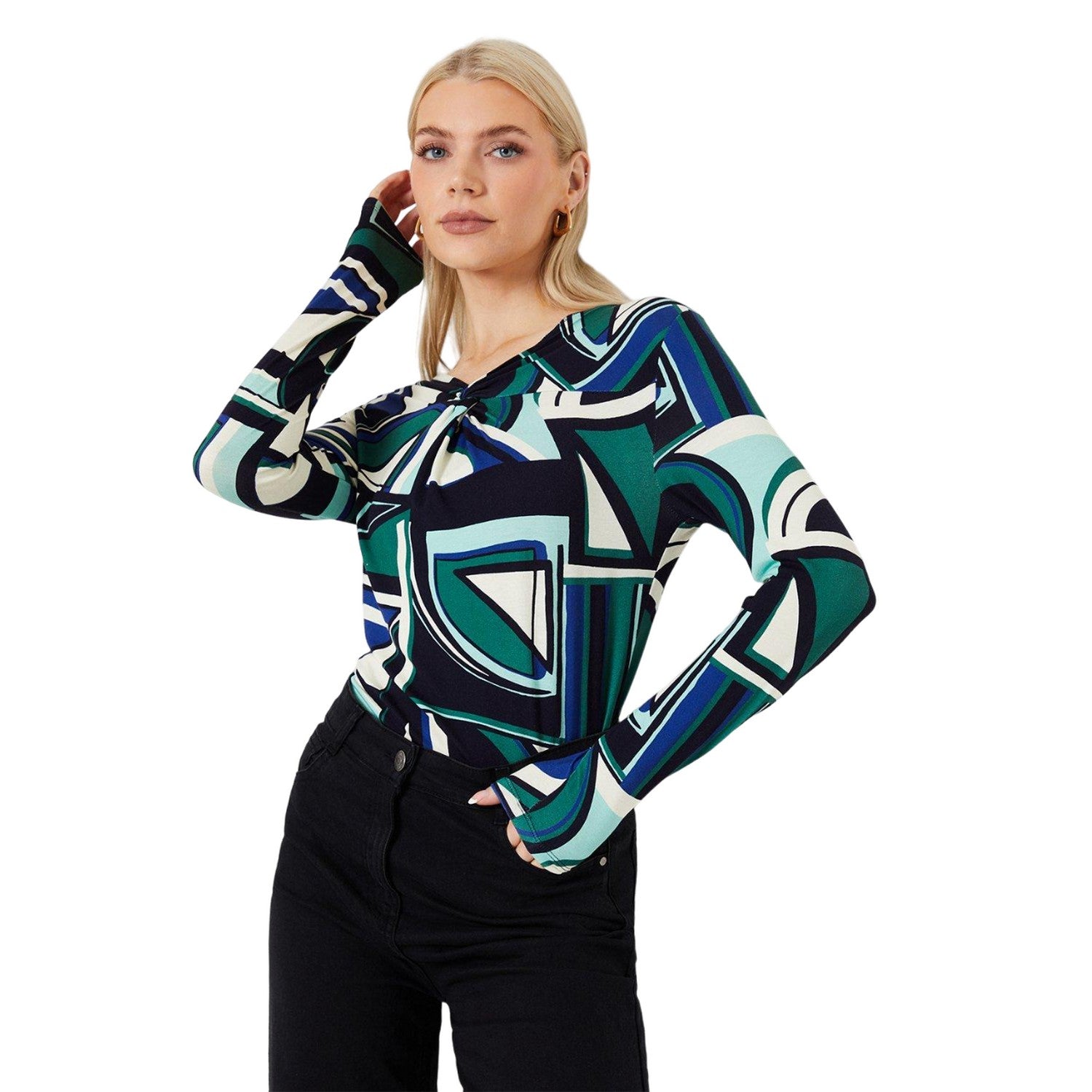 Green - Side - Principles Womens-Ladies Geometric Jersey Twist Neck Top