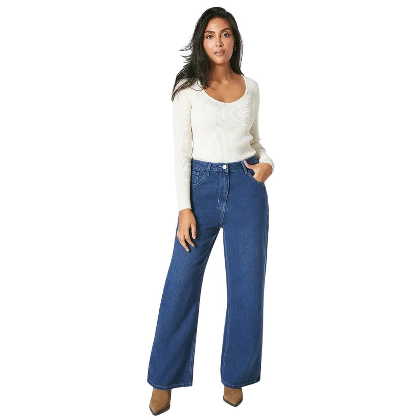 Dark Blue - Side - Principles Womens-Ladies Petite Wide Leg Jeans