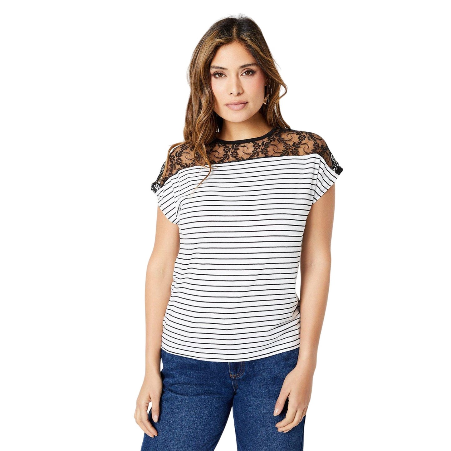 Ivory - Front - Principles Womens-Ladies Striped Lace Detail T-Shirt