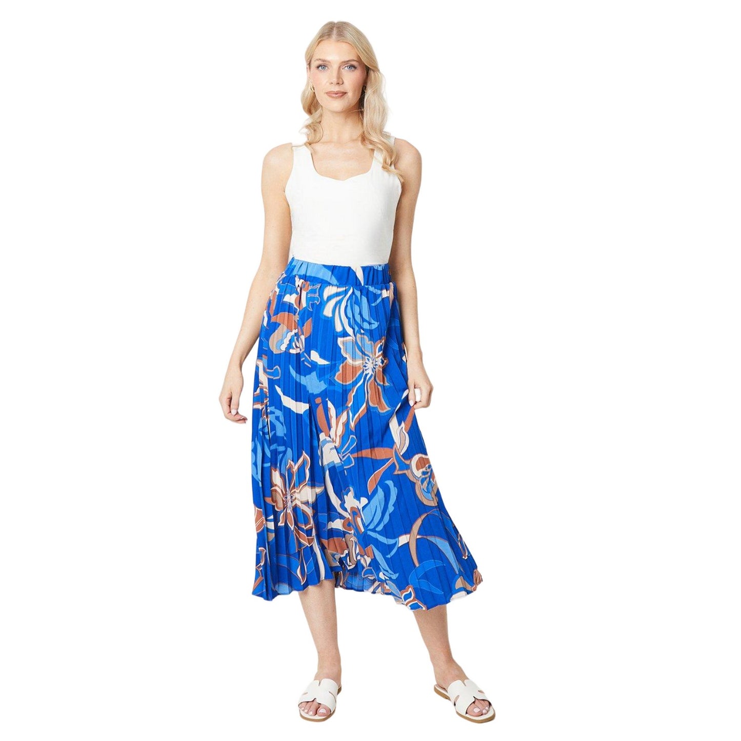 Cobalt - Side - Principles Womens-Ladies Abstract Floral Pleated Midi Skirt