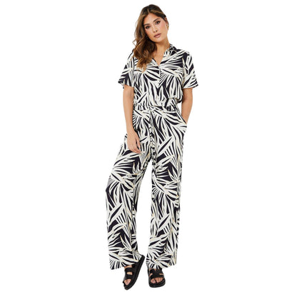 Monochrome - Side - Principles Womens-Ladies Palm Print Pull-On Wide Leg Trousers