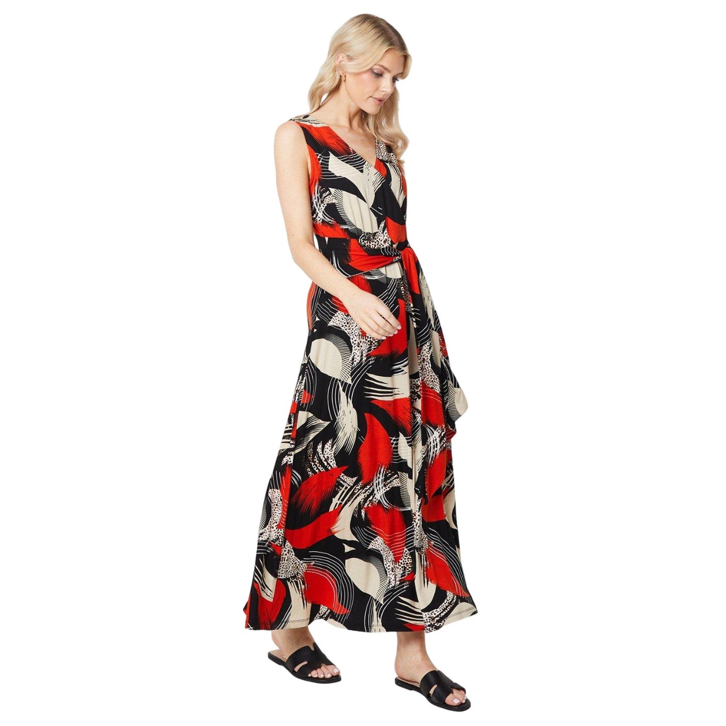 Black-Orange - Front - Principles Womens-Ladies Abstract Waist Tie Maxi Dress