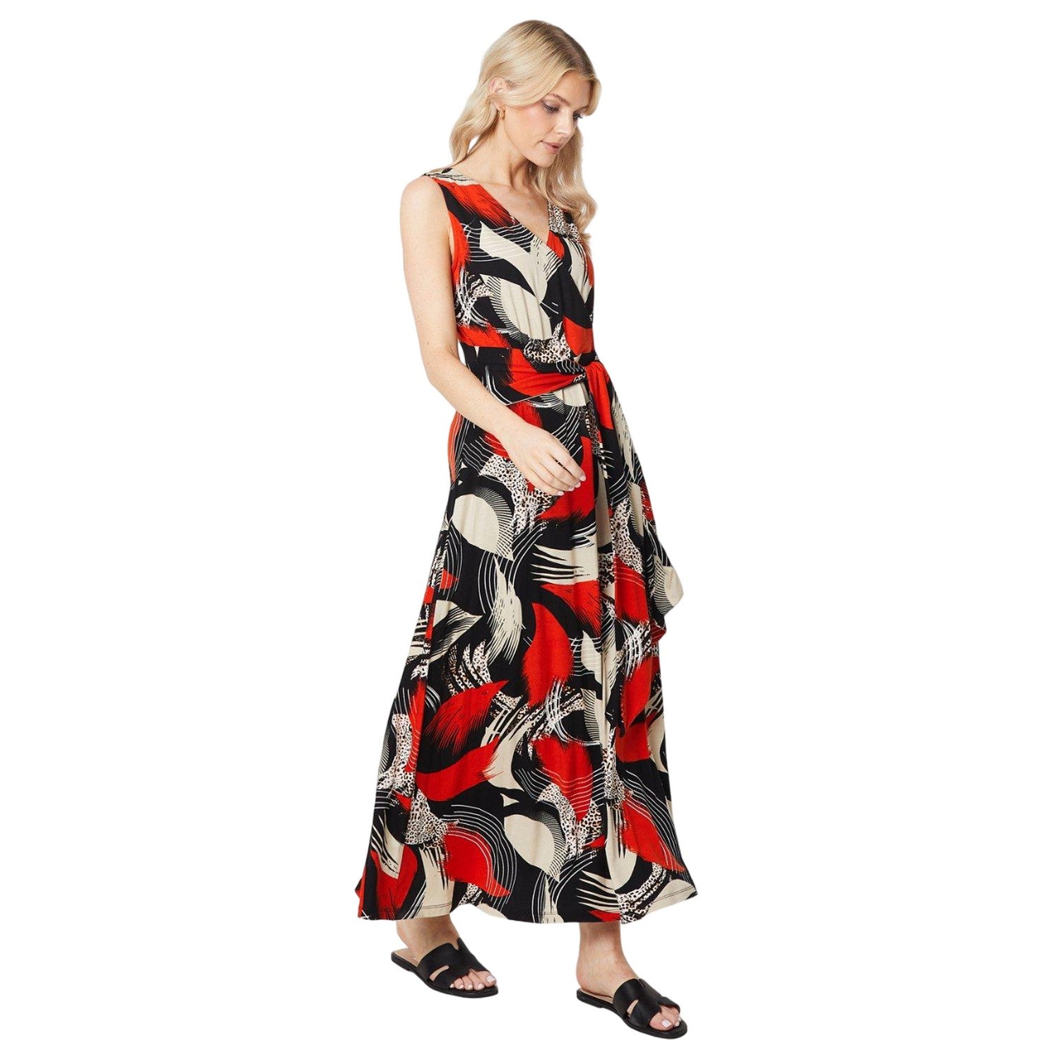 Black-Orange - Front - Principles Womens-Ladies Abstract Waist Tie Maxi Dress
