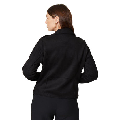 Black - Back - Principles Womens-Ladies Suedette Bonded Biker Jacket