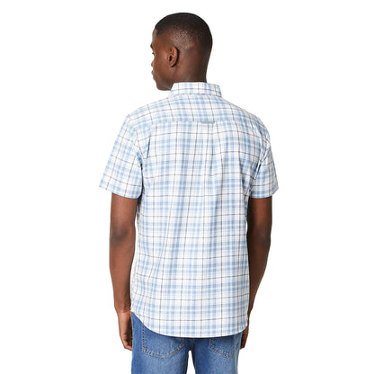 Light Blue - Back - Maine Mens Graph Checked Oxford Short-Sleeved Shirt