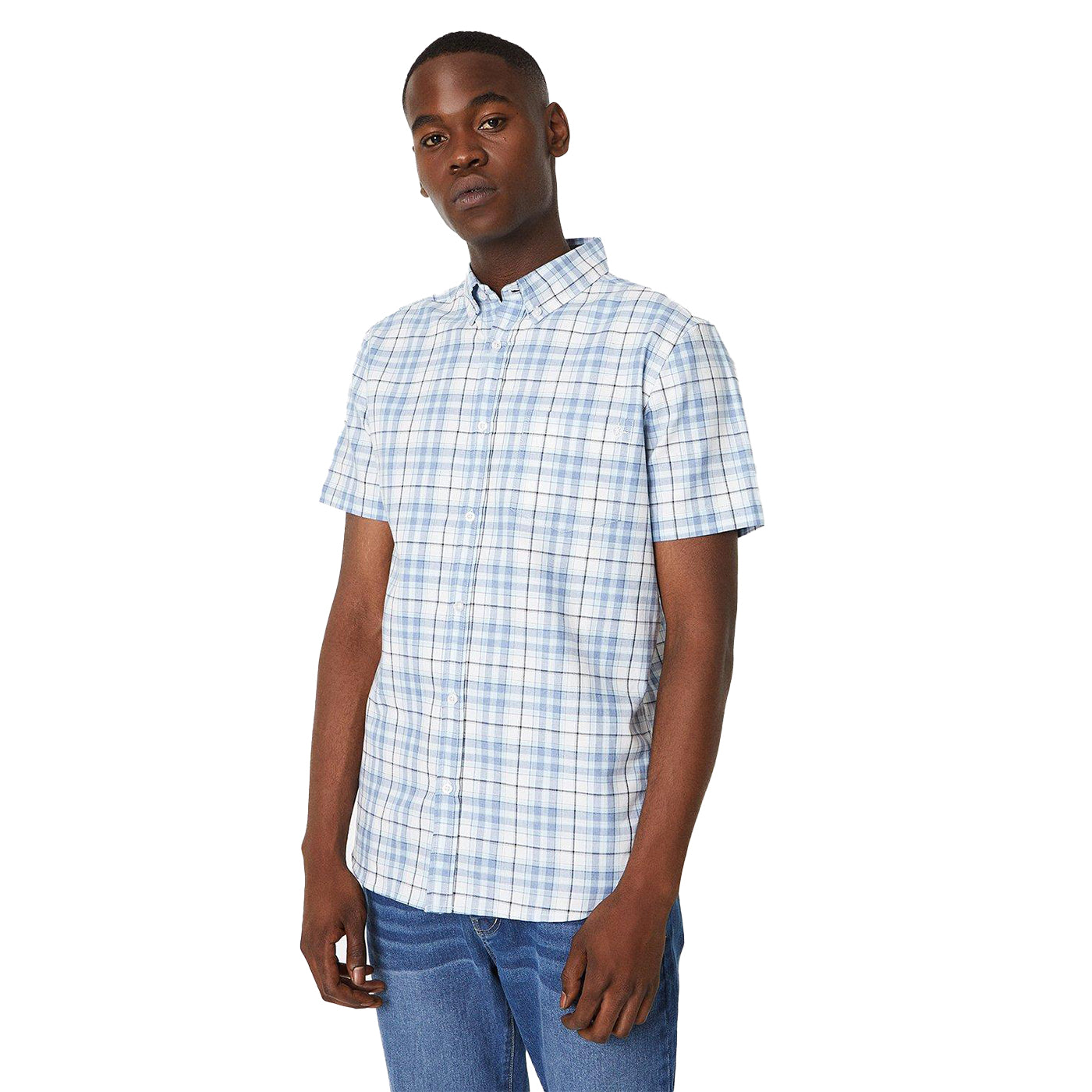 Light Blue - Front - Maine Mens Graph Checked Oxford Short-Sleeved Shirt