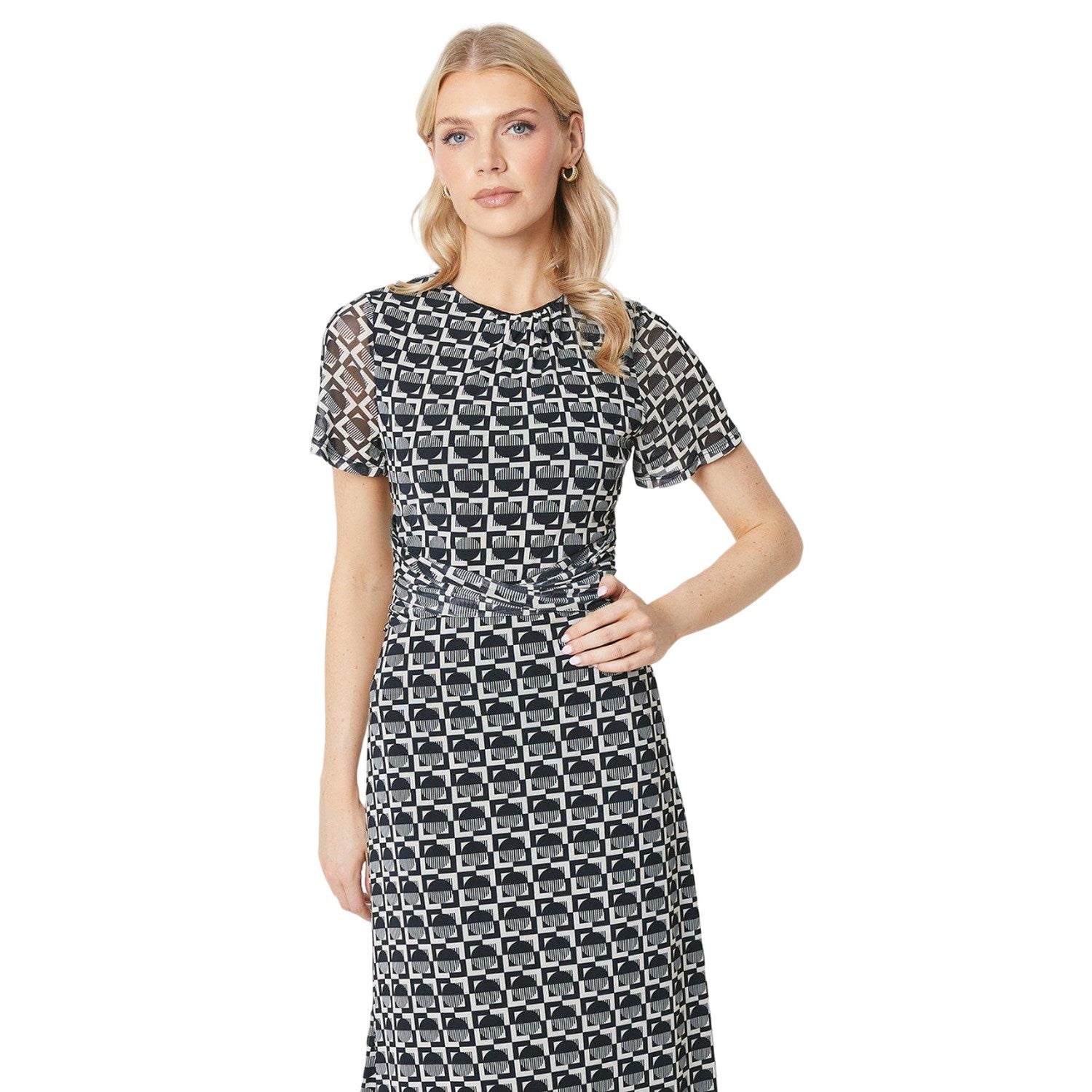 White-Black - Side - Principles Womens-Ladies Geometric Mesh Twist Waist Midi Dress